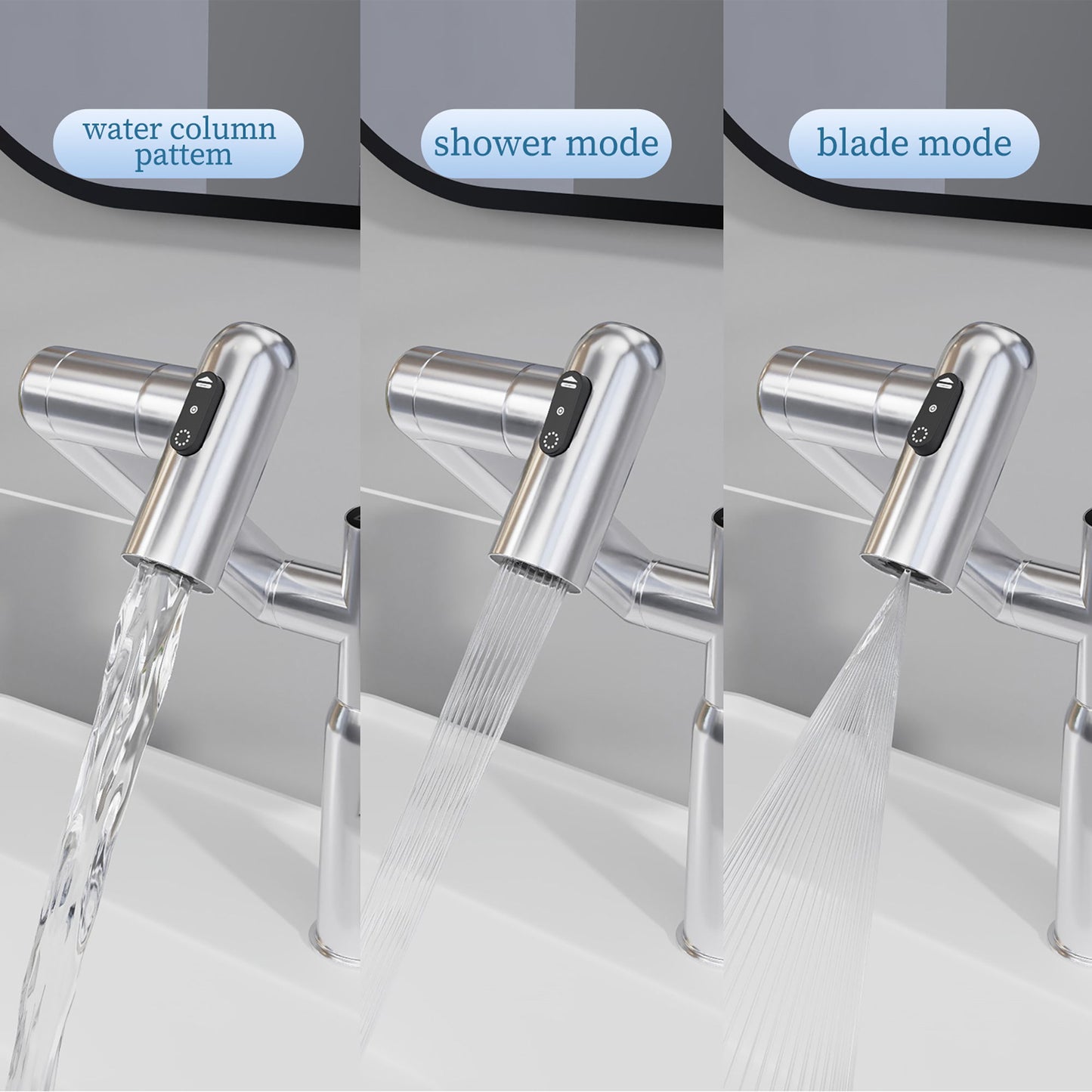 Bathroom Sink Faucet With Spray Function And Temperature Display, Anti Skid Switch, 360 Degree Rotary, Brass Material - Chrome