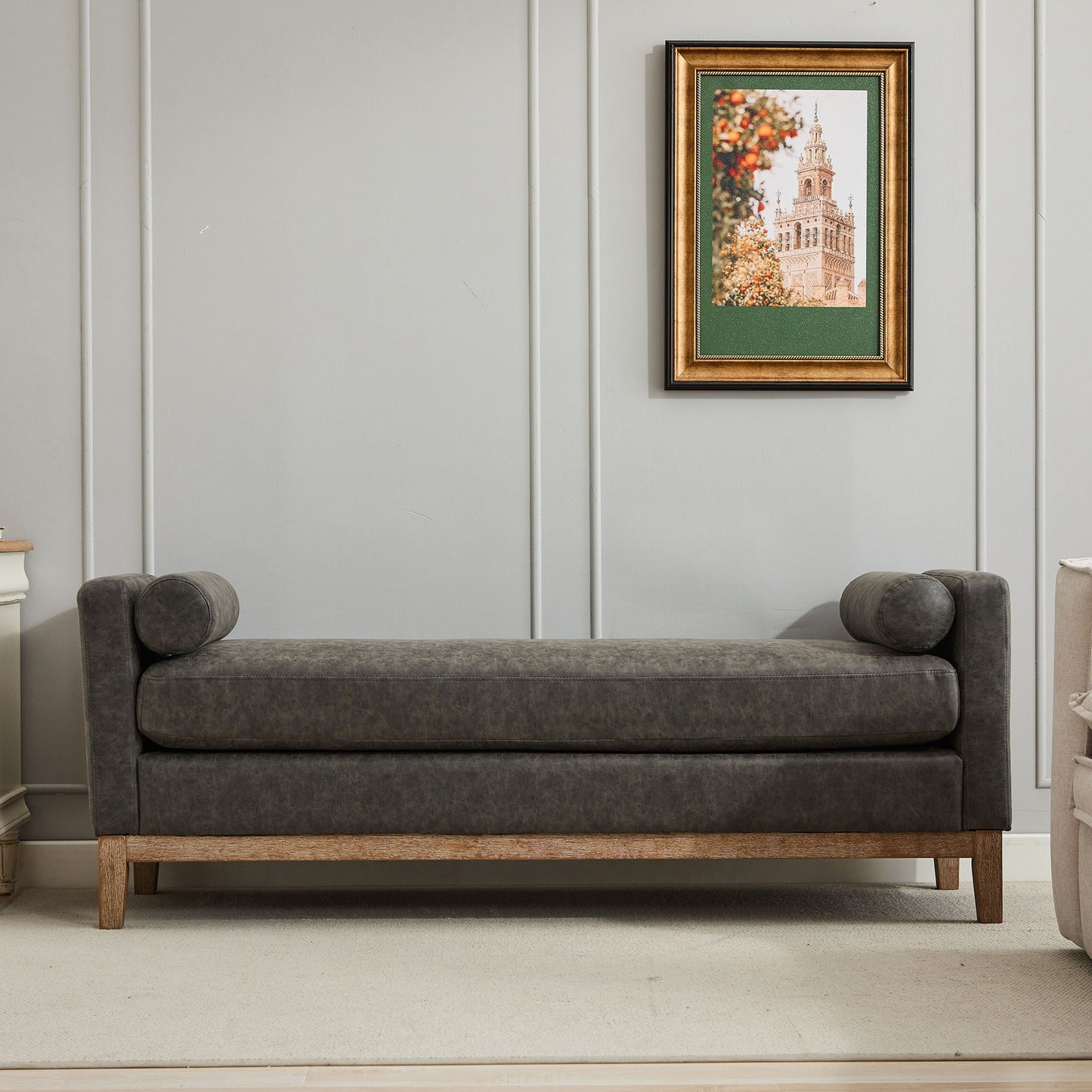 Elegant Upholstered Bench With 2 Bolster Pillows