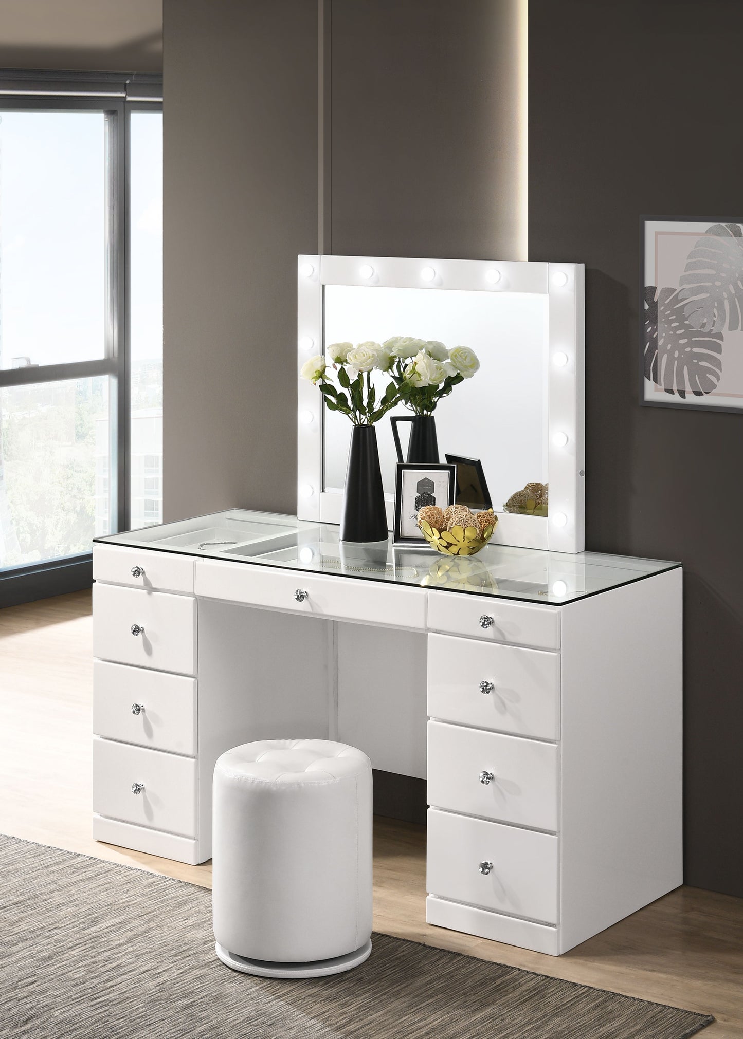 Avery - Vanity Desk With Glass Top And LED Mirroк