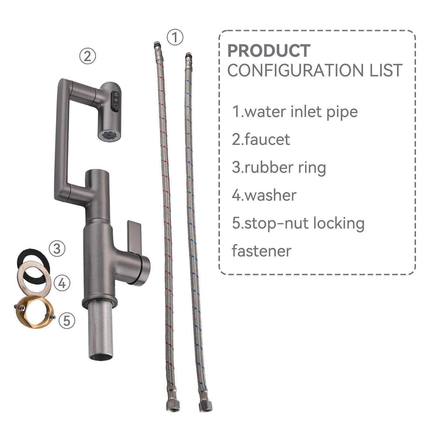 Bathroom Sink Faucet With Spray Function, Temperature Display, Anti Skid Switch, Hot & Cold, 360 Degree Rotary, Brass - Gun Gray