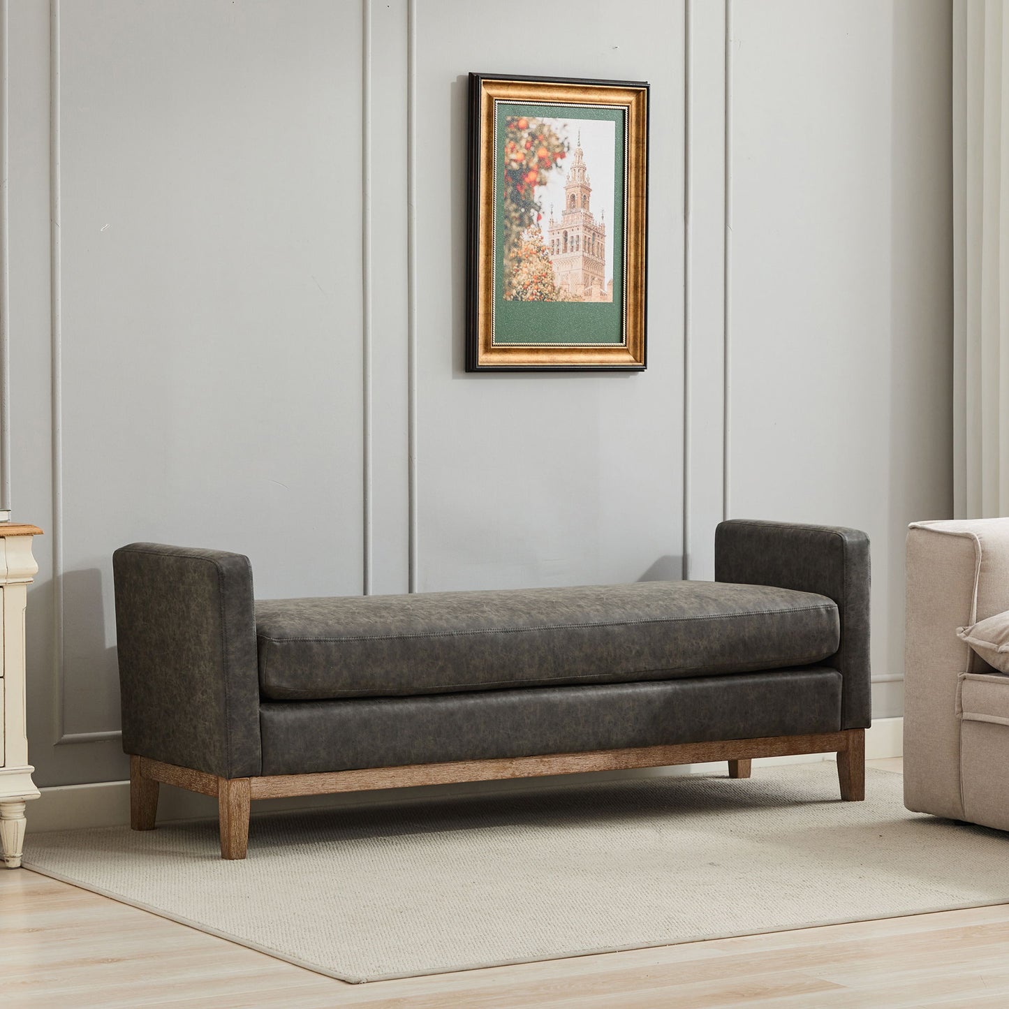 Elegant Upholstered Bench With 2 Bolster Pillows