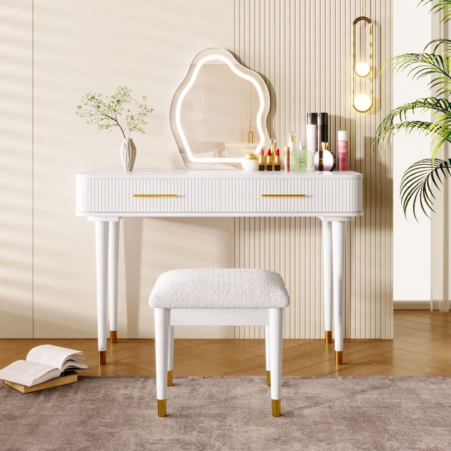 Modern Vanity Table Set With Mirror Touch Screen Lighted Mirror, Dressing Table And Cushioned Stool Set With 2 Large Drawers - White