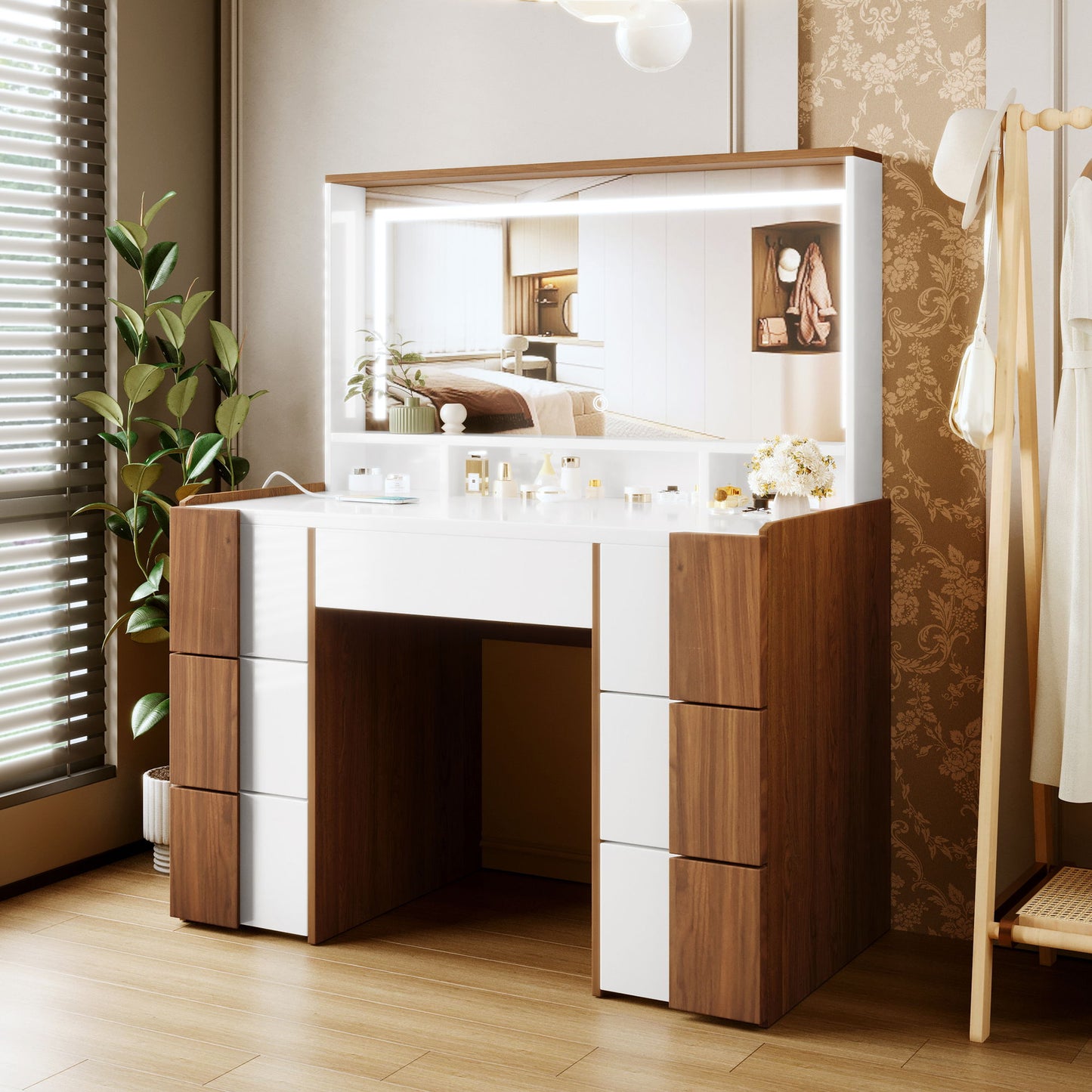 Elegant Vanity Table With Large Lighted Mirror & Power Outlet, Dressing Table With 7 Drawers & Shelves, Vanity Desk With Brown Solid Wood Style Stickers - Brown / White