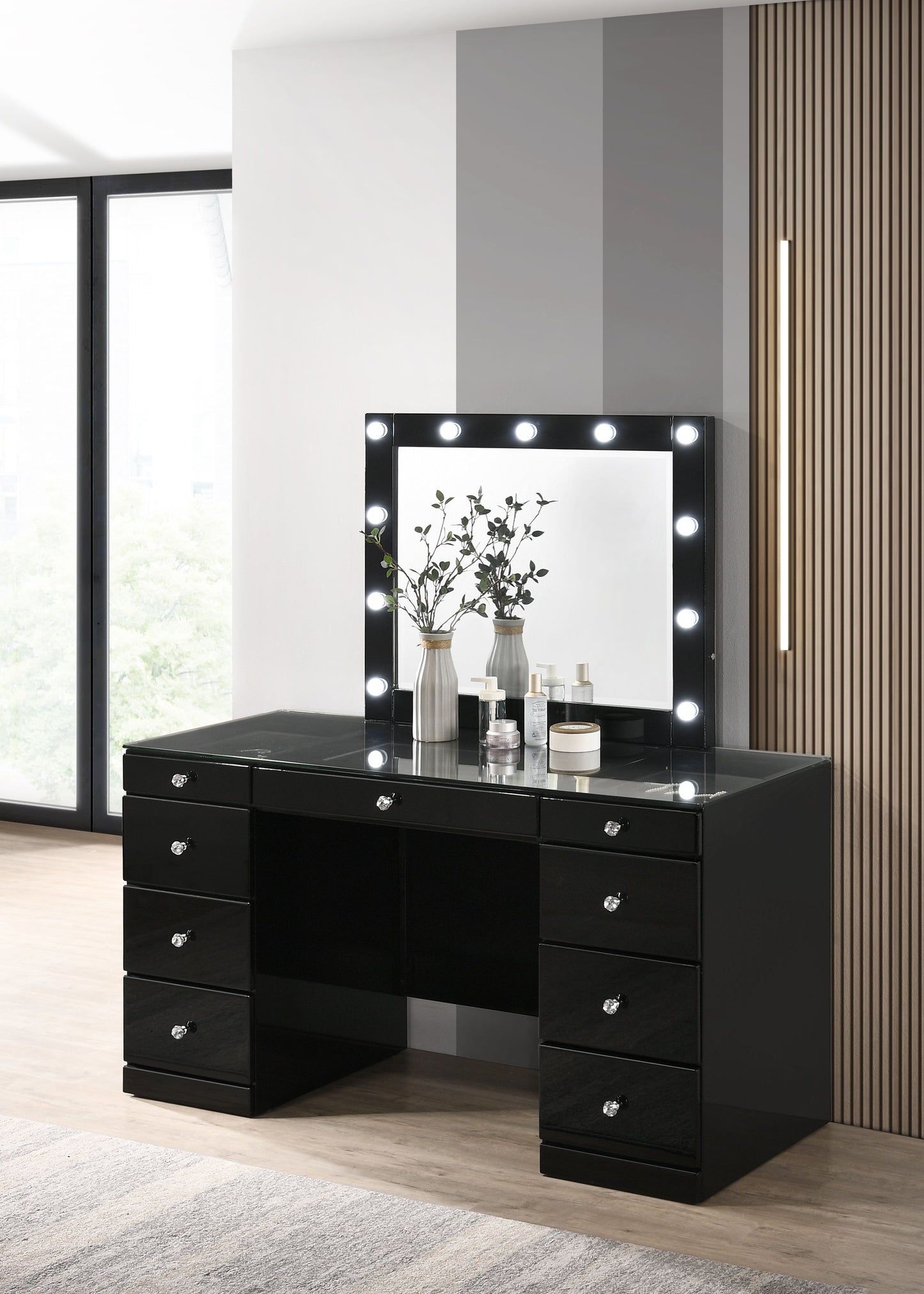 Avery - Vanity Desk With Glass Top And LED Mirroк