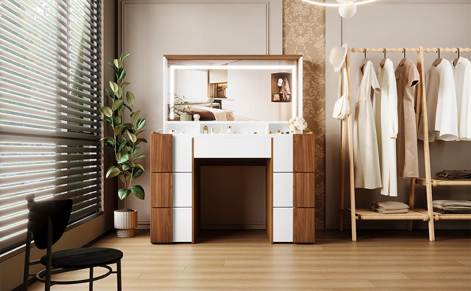 Elegant Vanity Table With Large Lighted Mirror & Power Outlet, Dressing Table With 7 Drawers & Shelves, Vanity Desk With Brown Solid Wood Style Stickers - Brown / White
