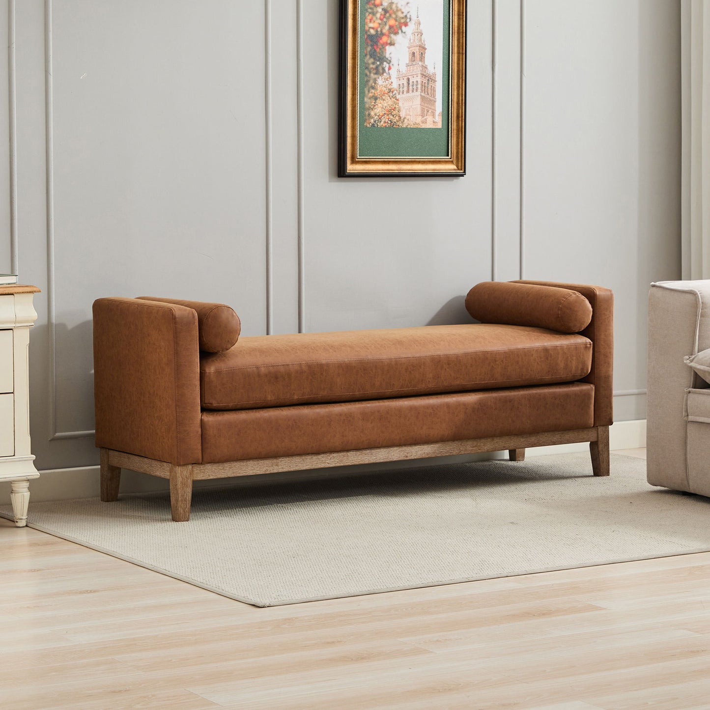 Elegant Upholstered Bench With 2 Bolster Pillows