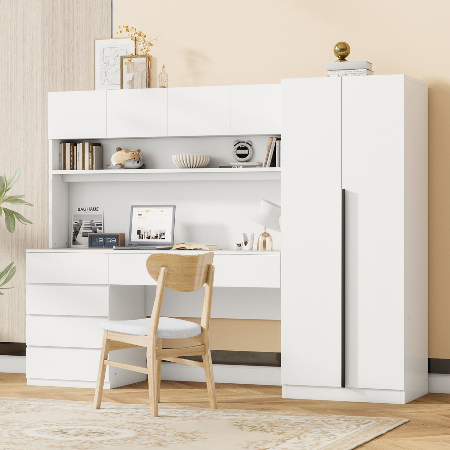2 Door Storage Desk Wardrobe For Bedroom With Shelves And Drawers