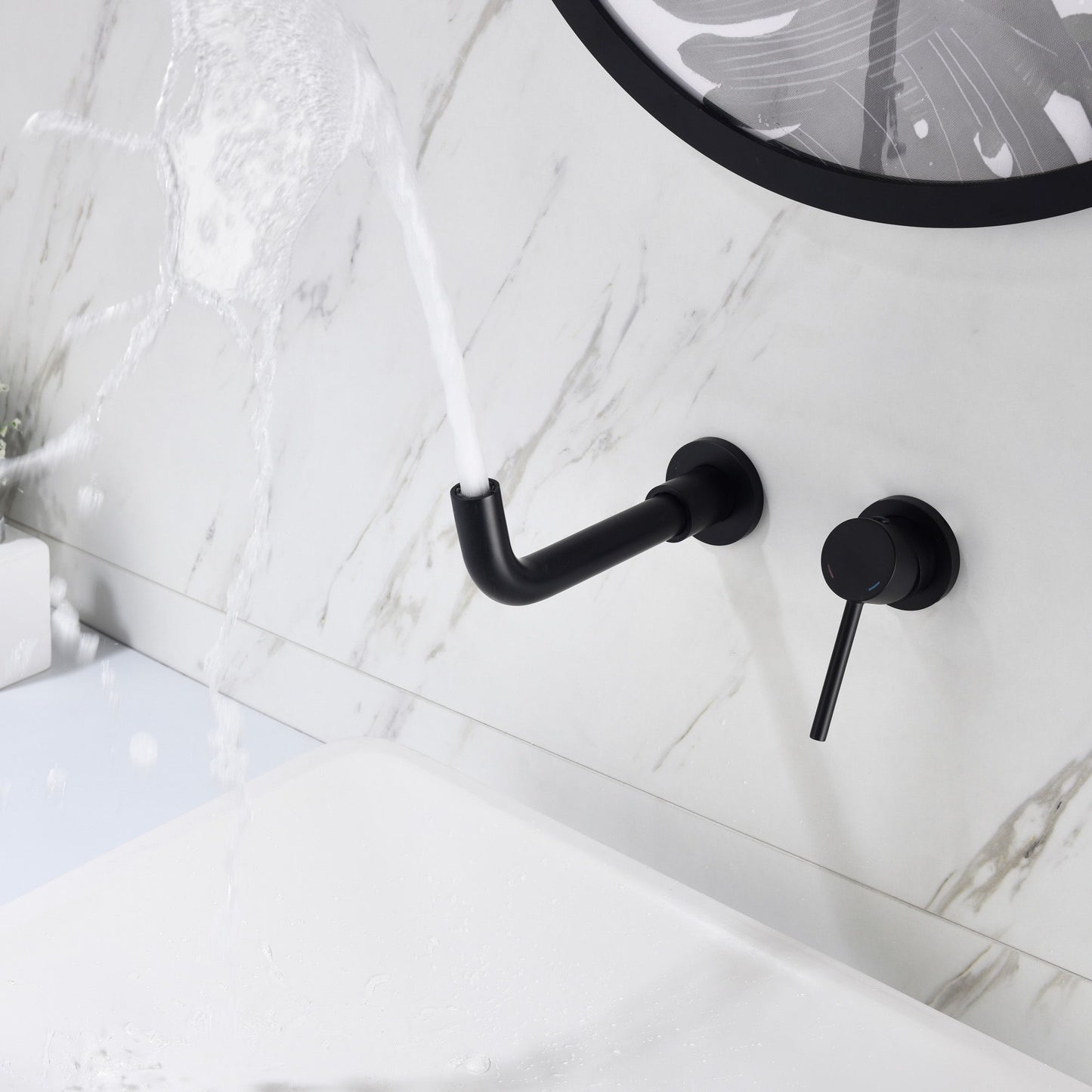 Modern Wall Mount Single Handle Bathroom Sink Faucet, Curved Spout - Matte Black Brass