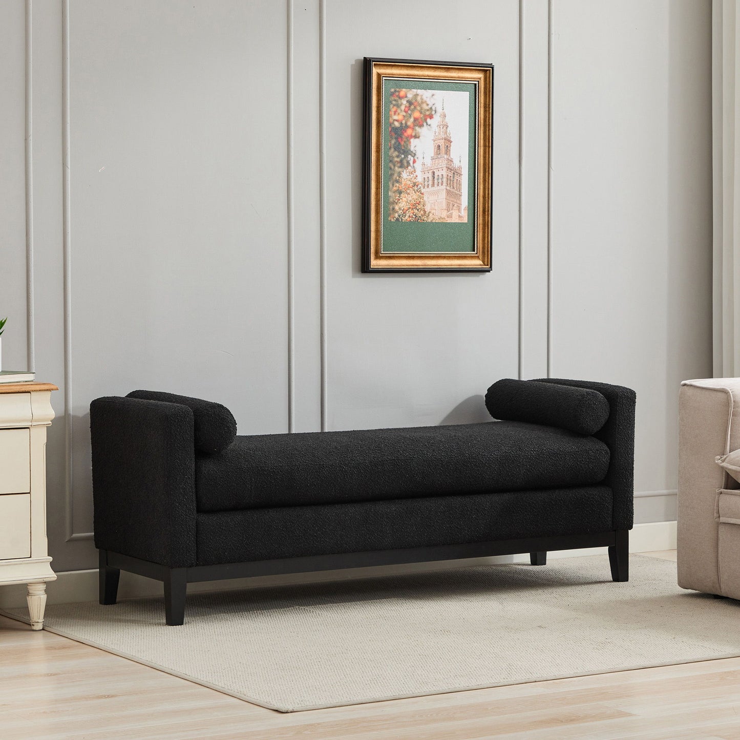 Elegant Upholstered Bench With 2 Bolster Pillows