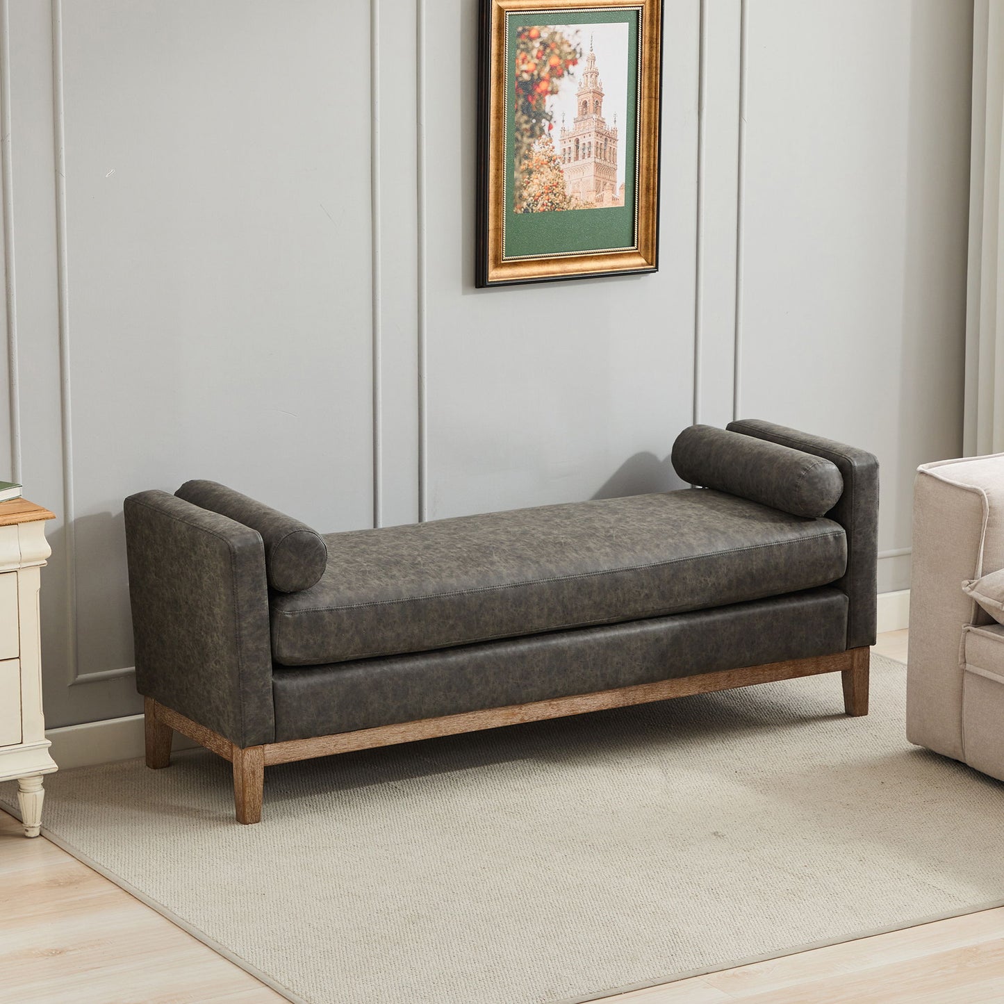 Elegant Upholstered Bench With 2 Bolster Pillows