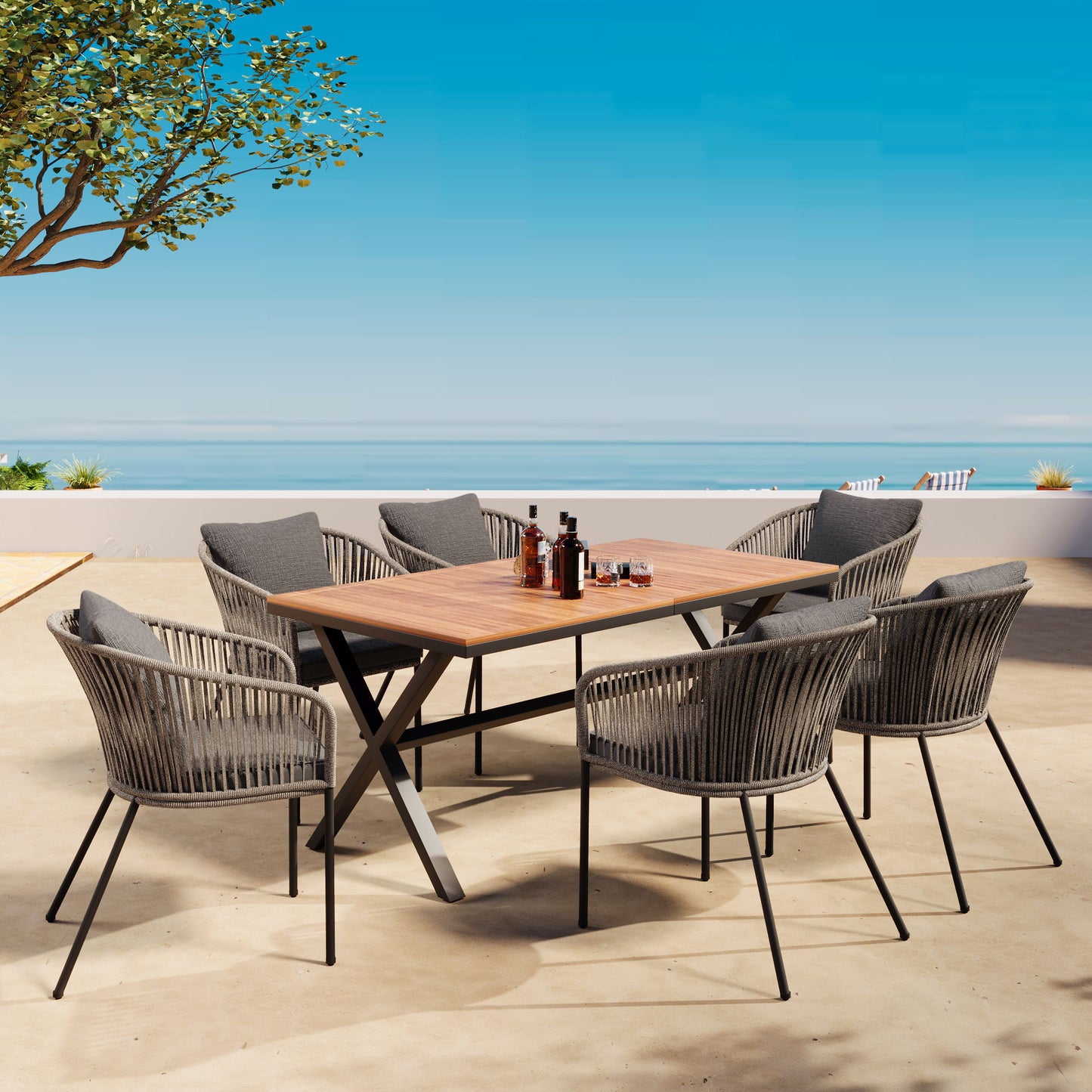 7 Pieces Patio Dining Set, All-Weather Outdoor Furniture Set With Dining Table And Chairs, Acacia Wood Tabletop, Metal Frame, For For Garden, Backyard, Balcony - Gray