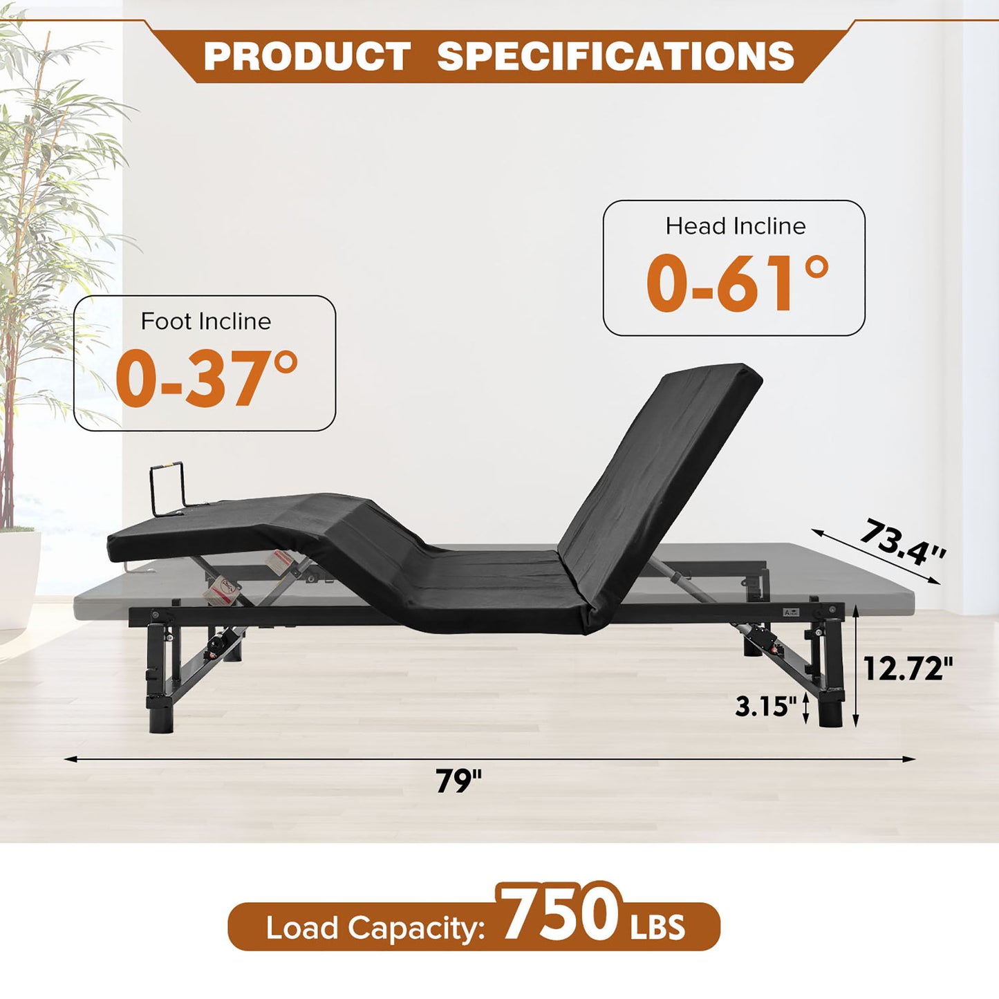 Adjustable Bed Base Frame & Head And Foot Incline Quiet Motor King Size Zero Gravity - Antique Black