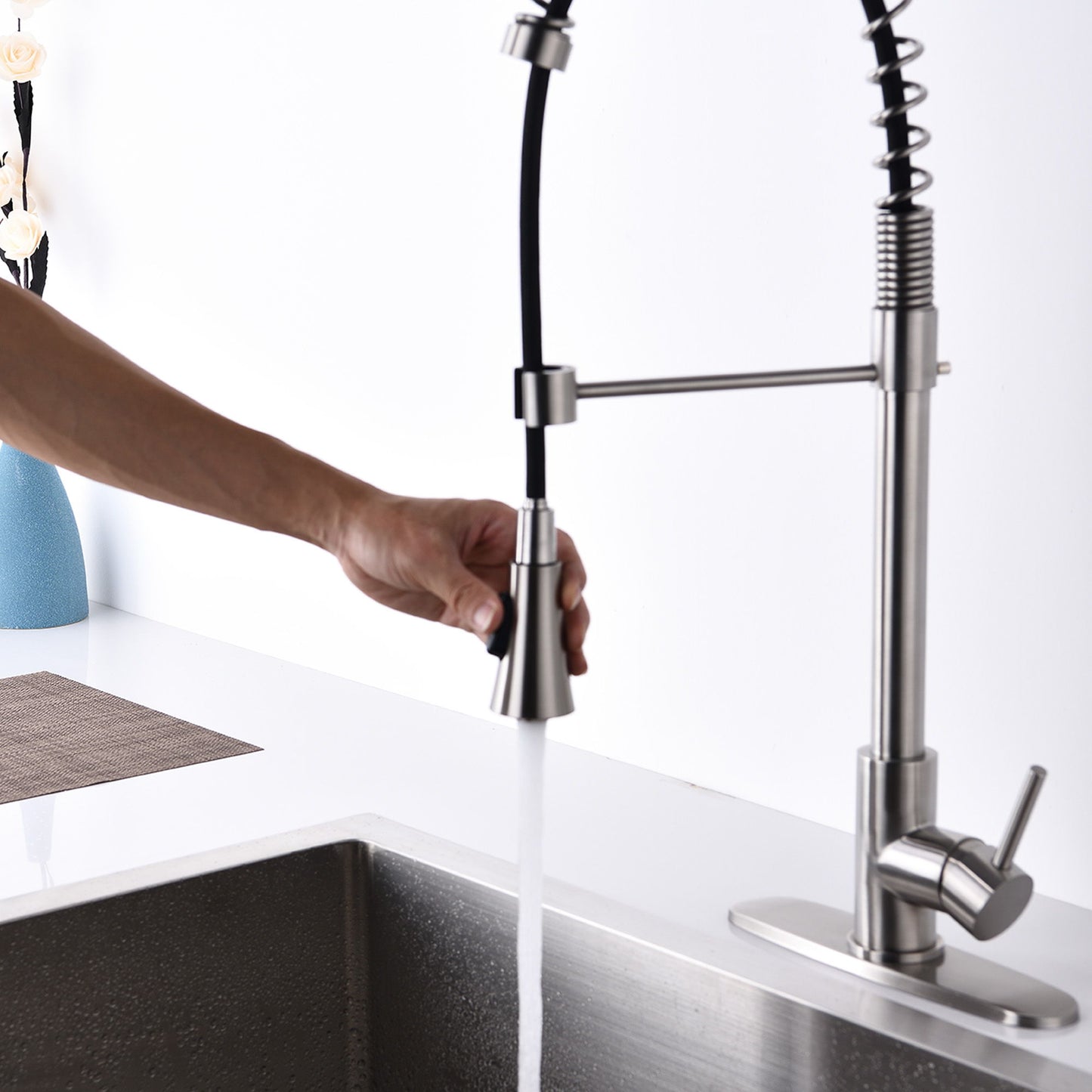 Modern Single Handle Spring High Arc Kitchen Faucet With Water Filter System, Stainless Steel - Brushed Nickel