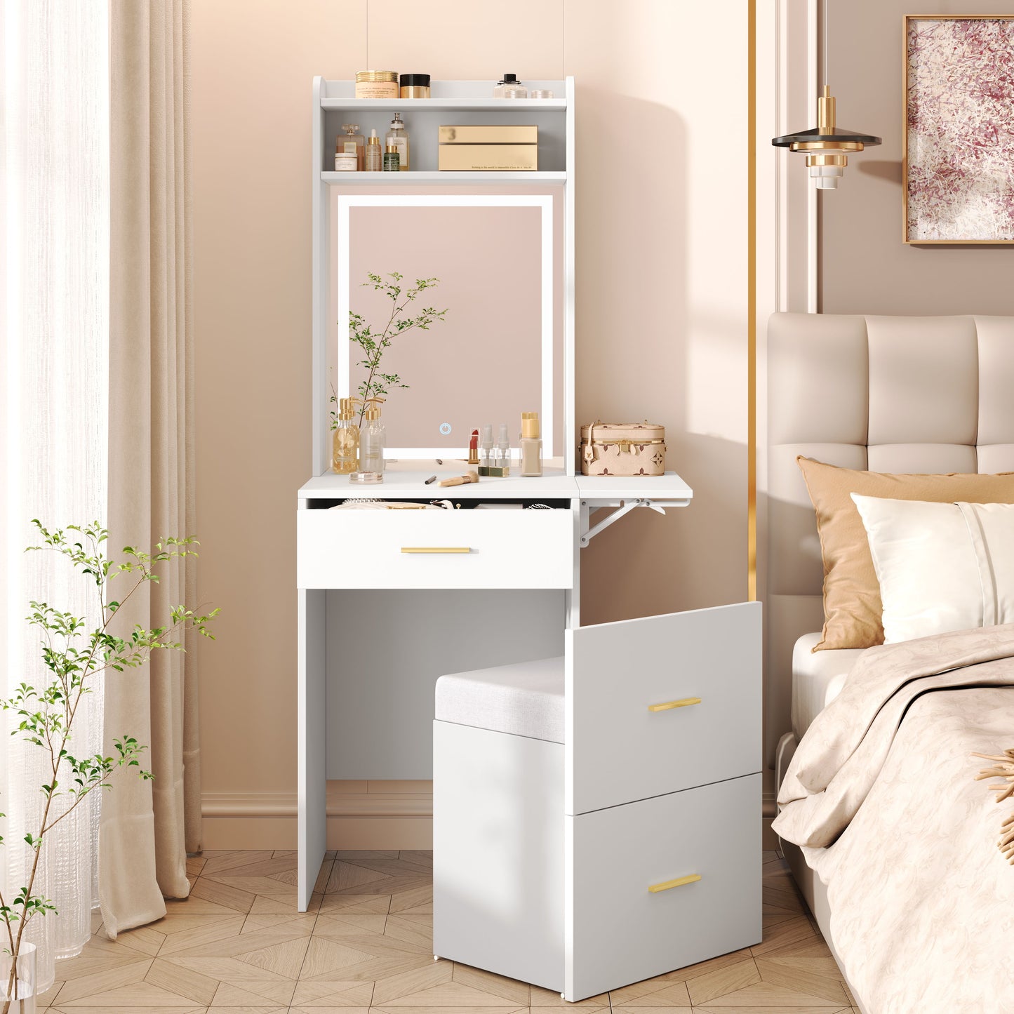 Small Vanity Desk With Mirror And Light, Dressing Table With Charging Station & Fold Up Panel For Small Space, Compact Makeup Vanity Set With Hidden Stool For Bedroom - White