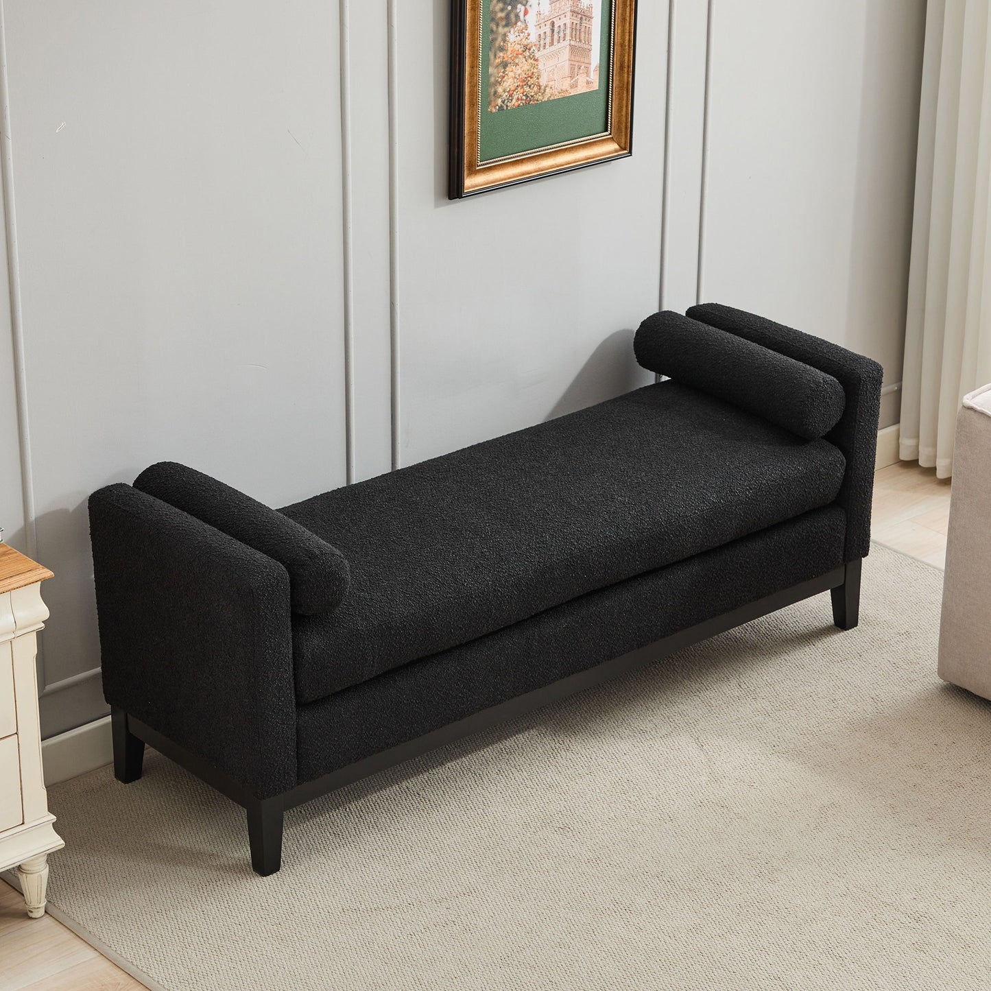 Elegant Upholstered Bench With 2 Bolster Pillows