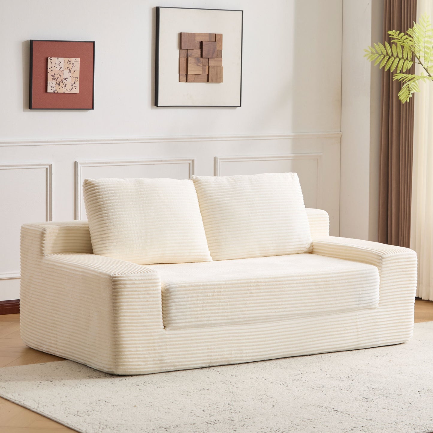 Loveseat Sofa, Comfortable Deep Seat Sofa Bed, Modern Small Corduroy Couch For Living Room Bedroom,Reversible Cushion With Pillows,No Assembly Required,White
