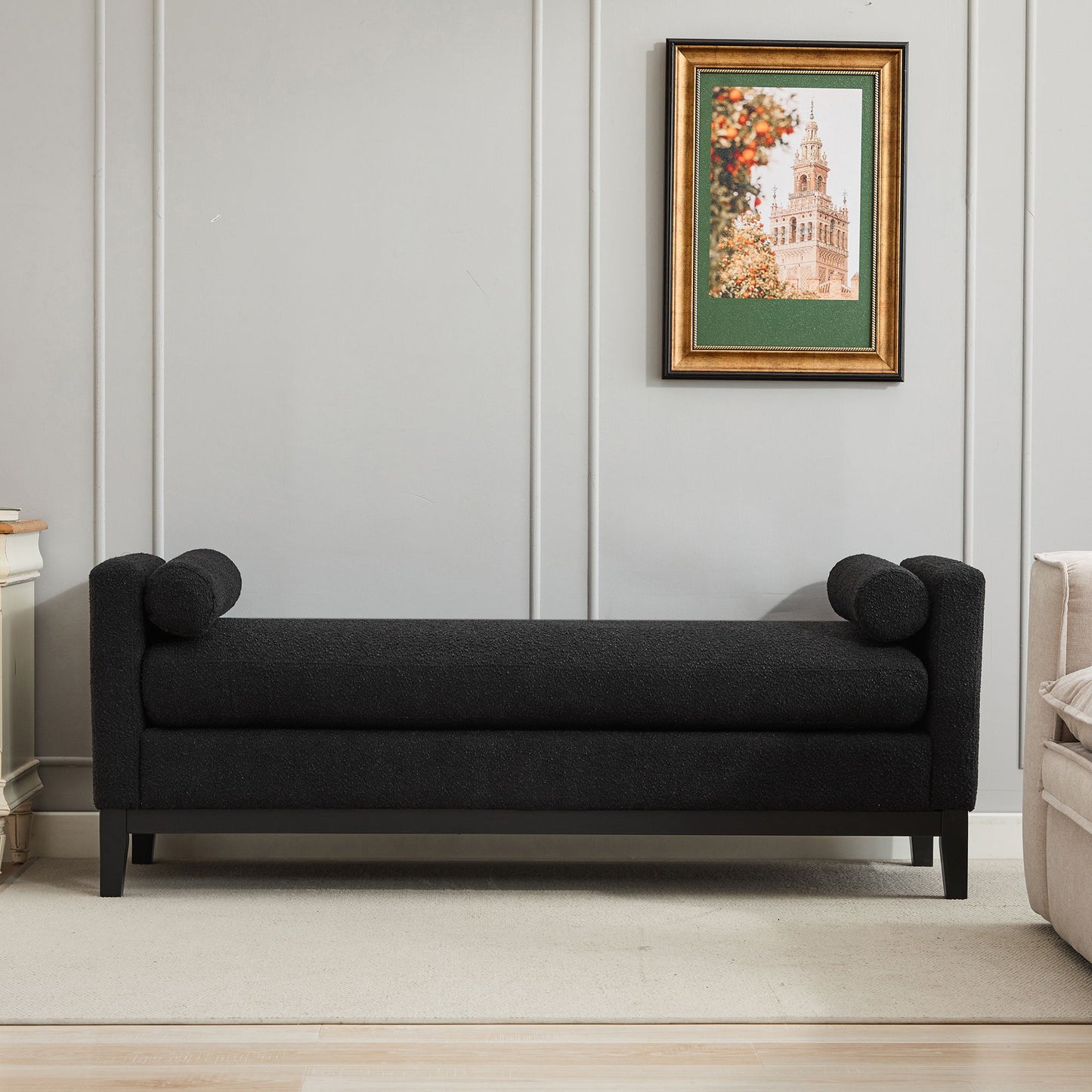 Elegant Upholstered Bench With 2 Bolster Pillows