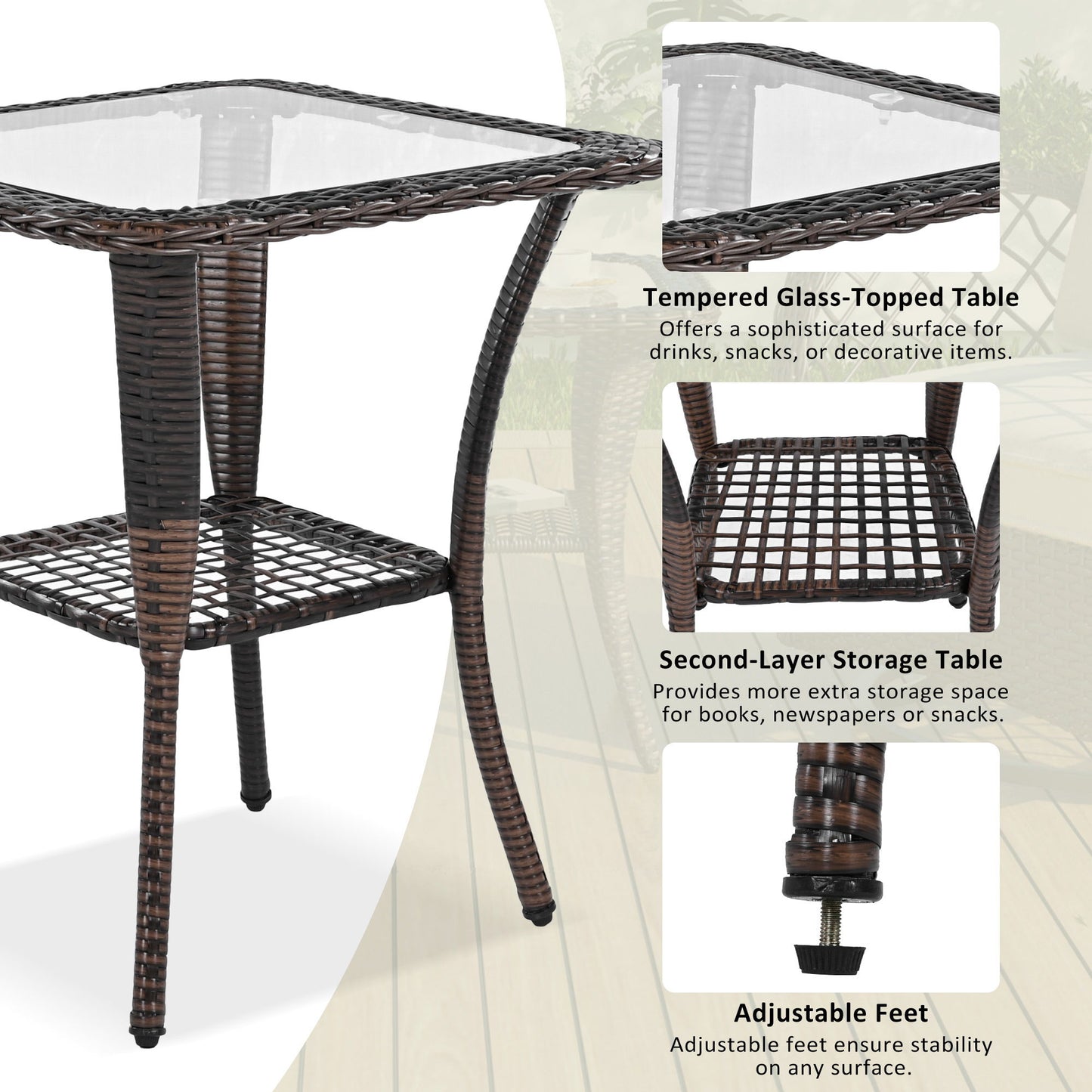 3 Piece Outdoor Chair & Table Set Chat Set, 2 Person Rattan Seating Group