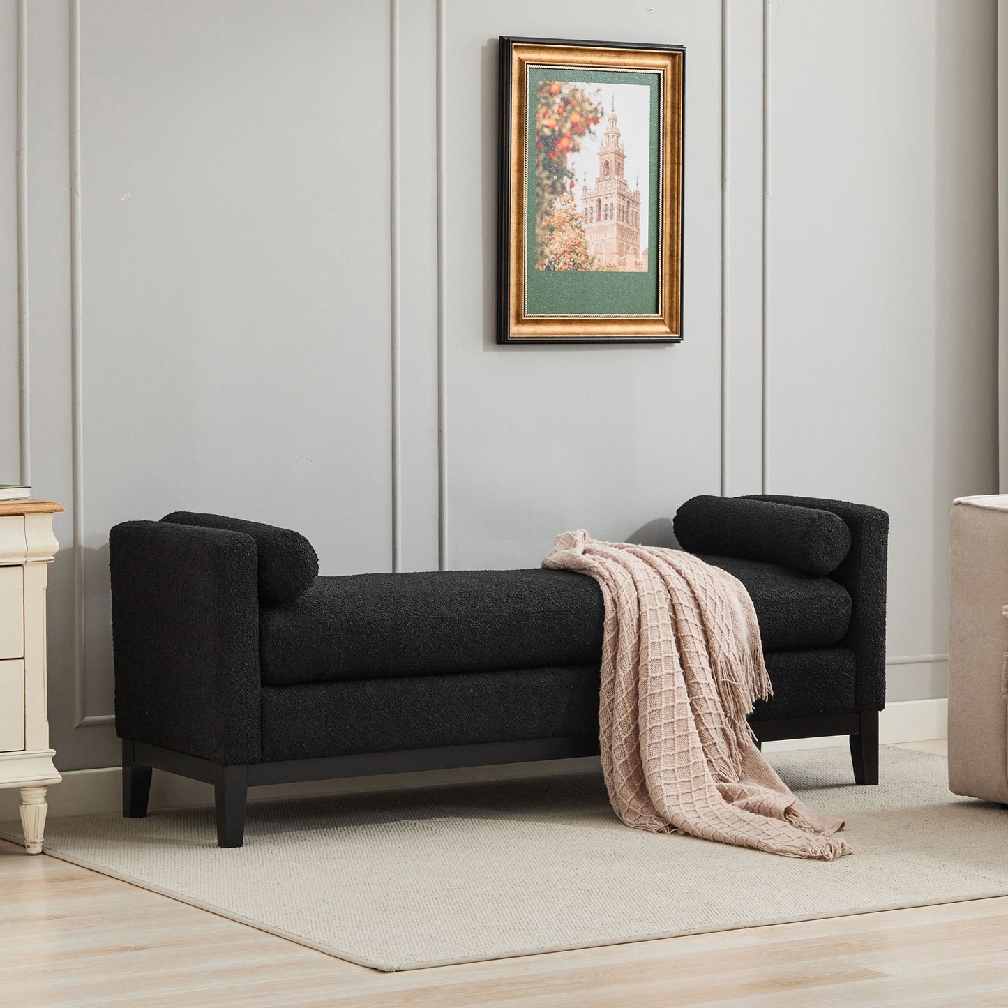 Elegant Upholstered Bench With 2 Bolster Pillows