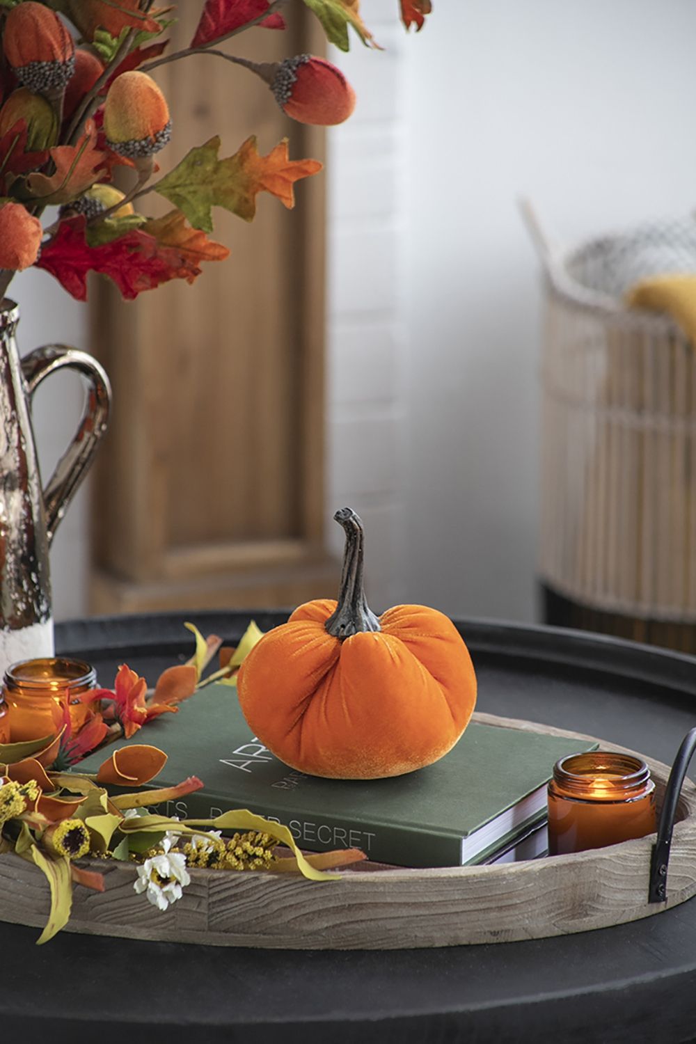 Velvet Weighted Pumpkin With Resin Stem, Pumpkin Ornament Decor For Holiday Harvest Festival Fall Festival & Thanksgiving (Set of 4)