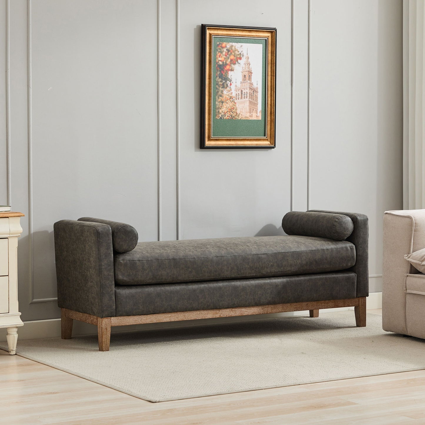 Elegant Upholstered Bench With 2 Bolster Pillows