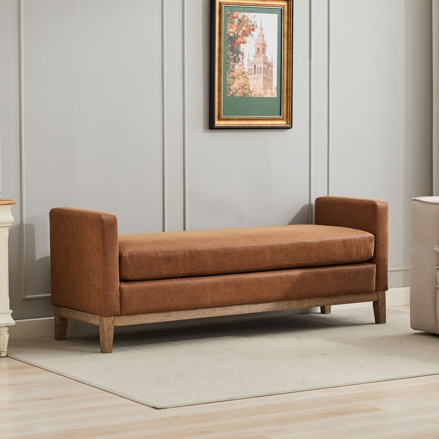 Elegant Upholstered Bench With 2 Bolster Pillows