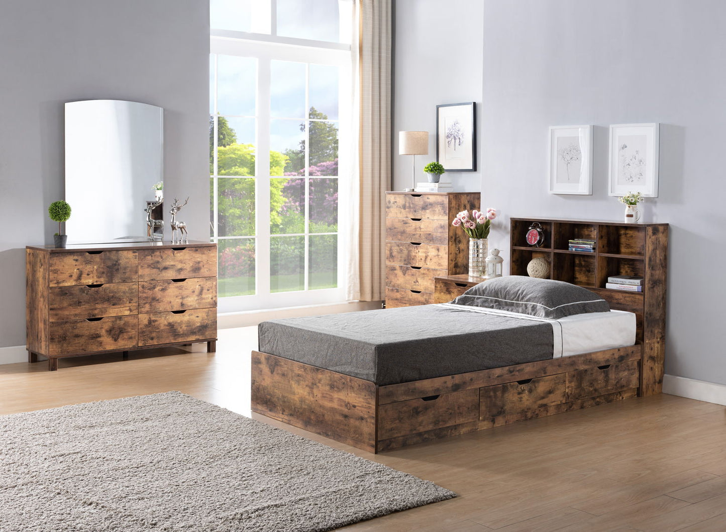 Bookcase Headboard 6 Shelves 3 Shelves Adjustable Top Panel Rounded Corners
