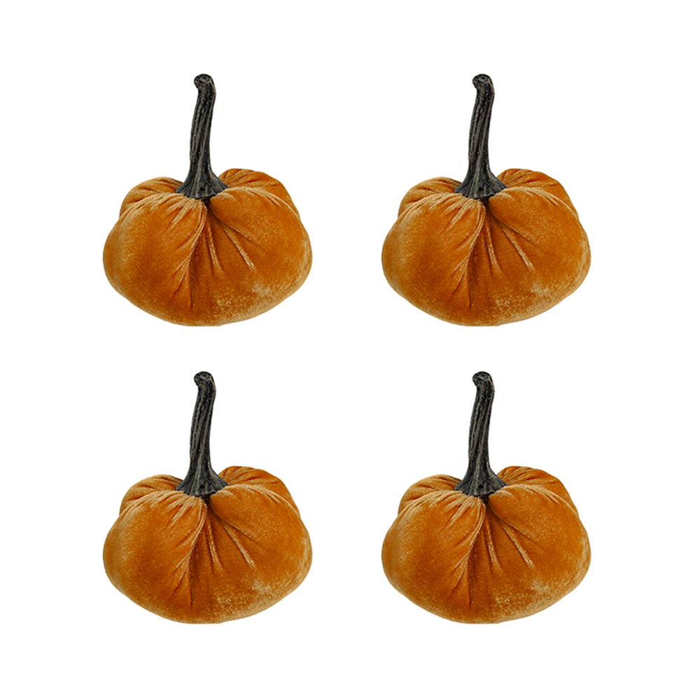 Velvet Weighted Pumpkin With Resin Stem, Pumpkin Ornament Decor For Holiday Harvest Festival Fall Festival & Thanksgiving (Set of 4)