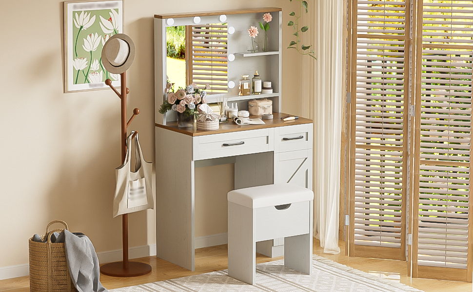 Farmhouse Makeup Vanity Desk With Mirror And Lights, 3 Lighting Modes, Vanity Set With Stool, Dressing Table With Adjustable Shelves, 2 Drawers And Side Cabinet For Bedroom - White