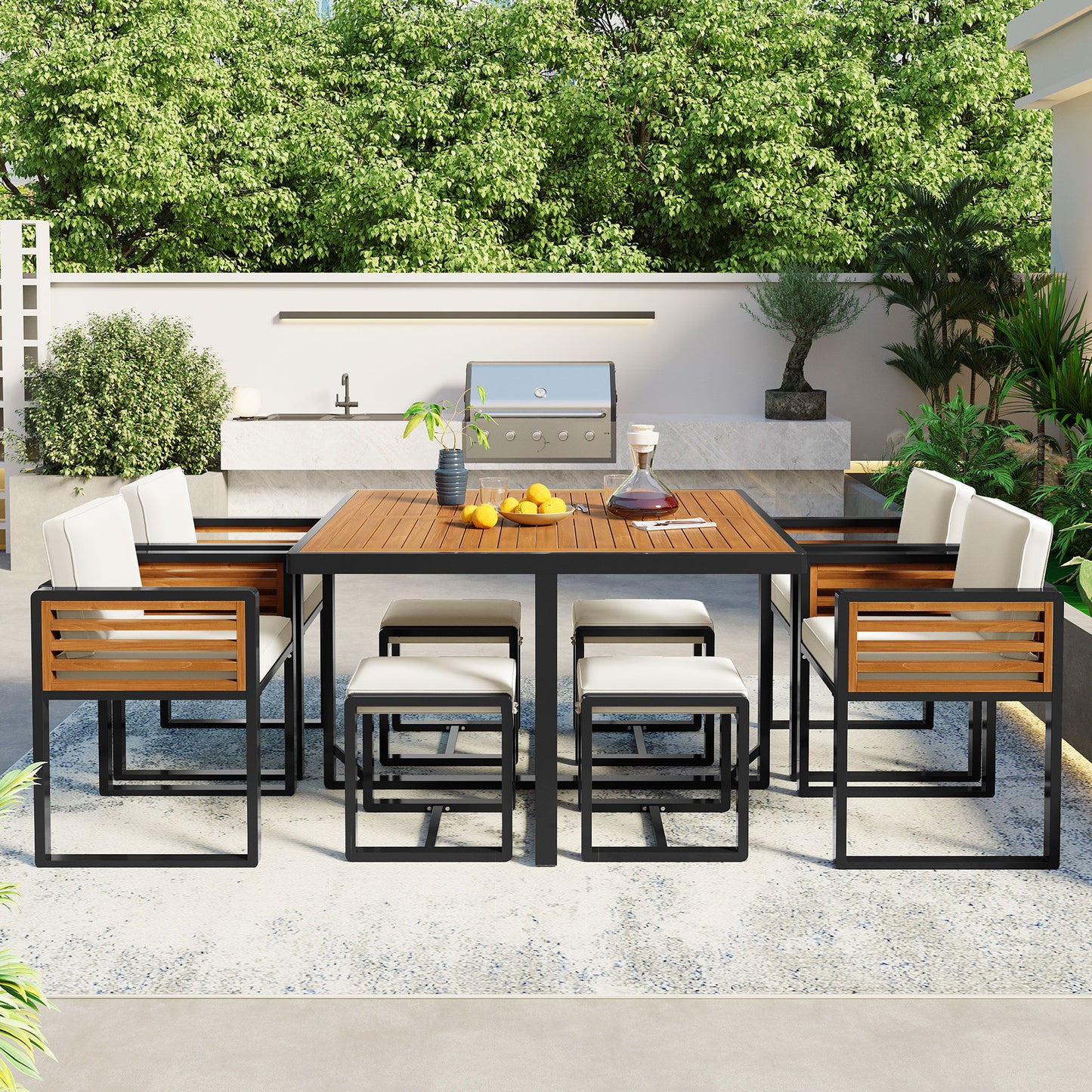 Acacia Wood Patio Dining Set, Cushioned Chairs & Ottomans Square Table