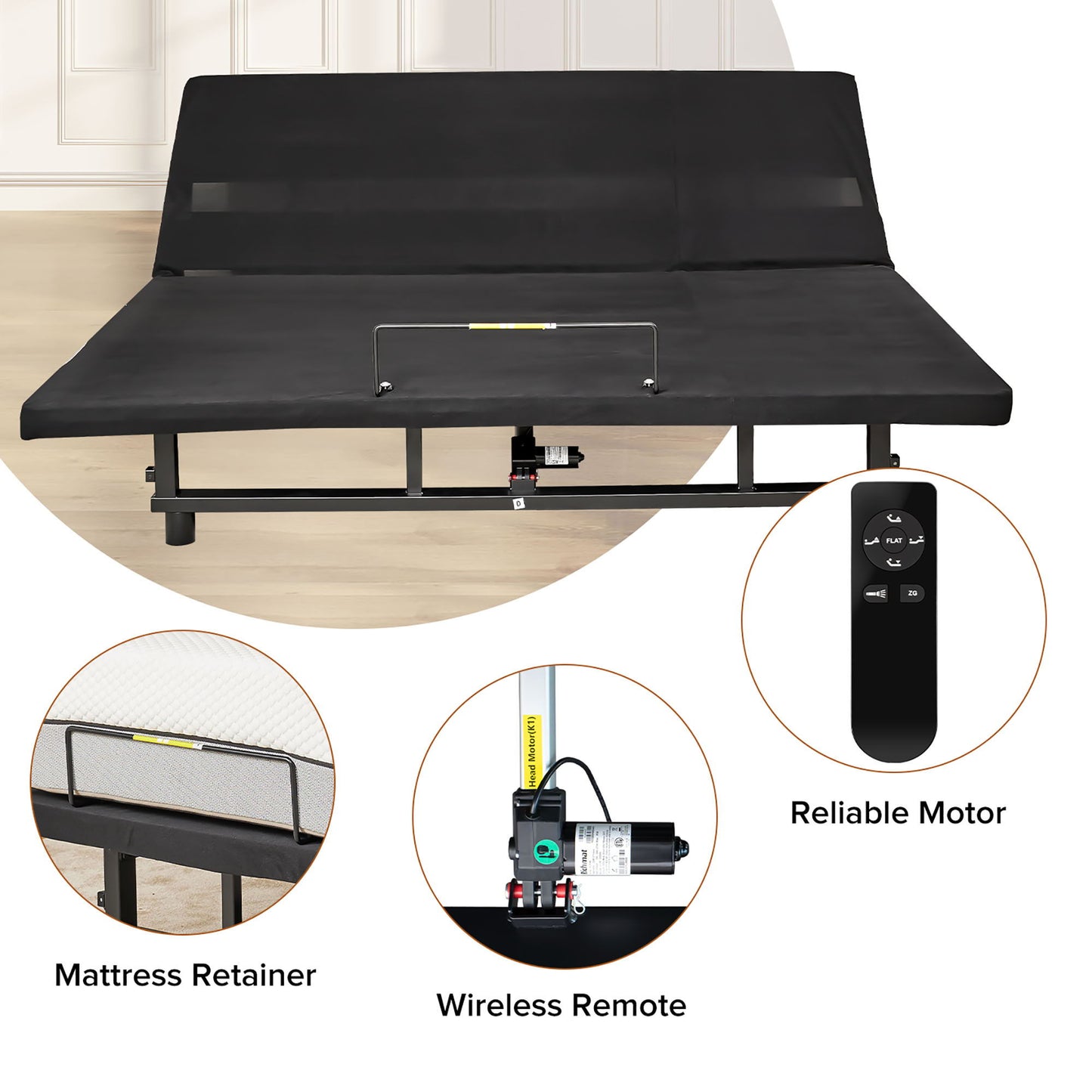 Adjustable Bed Base Frame & Head And Foot Incline Quiet Motor King Size Zero Gravity - Antique Black
