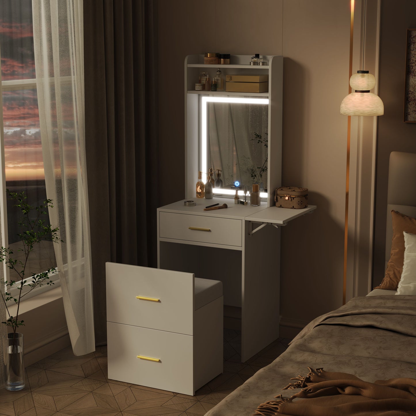 Small Vanity Desk With Mirror And Light, Dressing Table With Charging Station & Fold Up Panel For Small Space, Compact Makeup Vanity Set With Hidden Stool For Bedroom - White