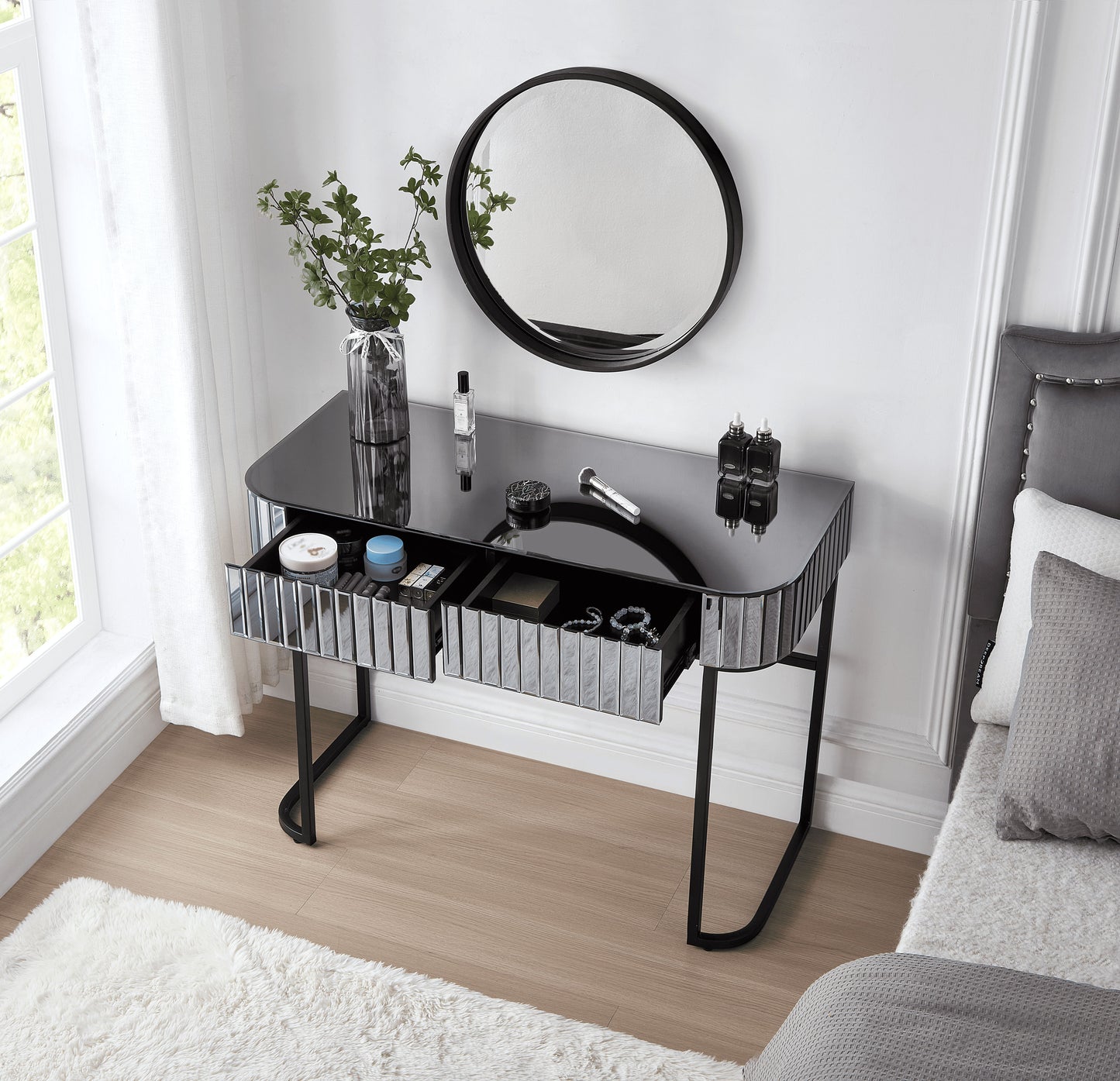Mirrored Makeup Vanity Table With Stainless Steel Base And 2 Drawers