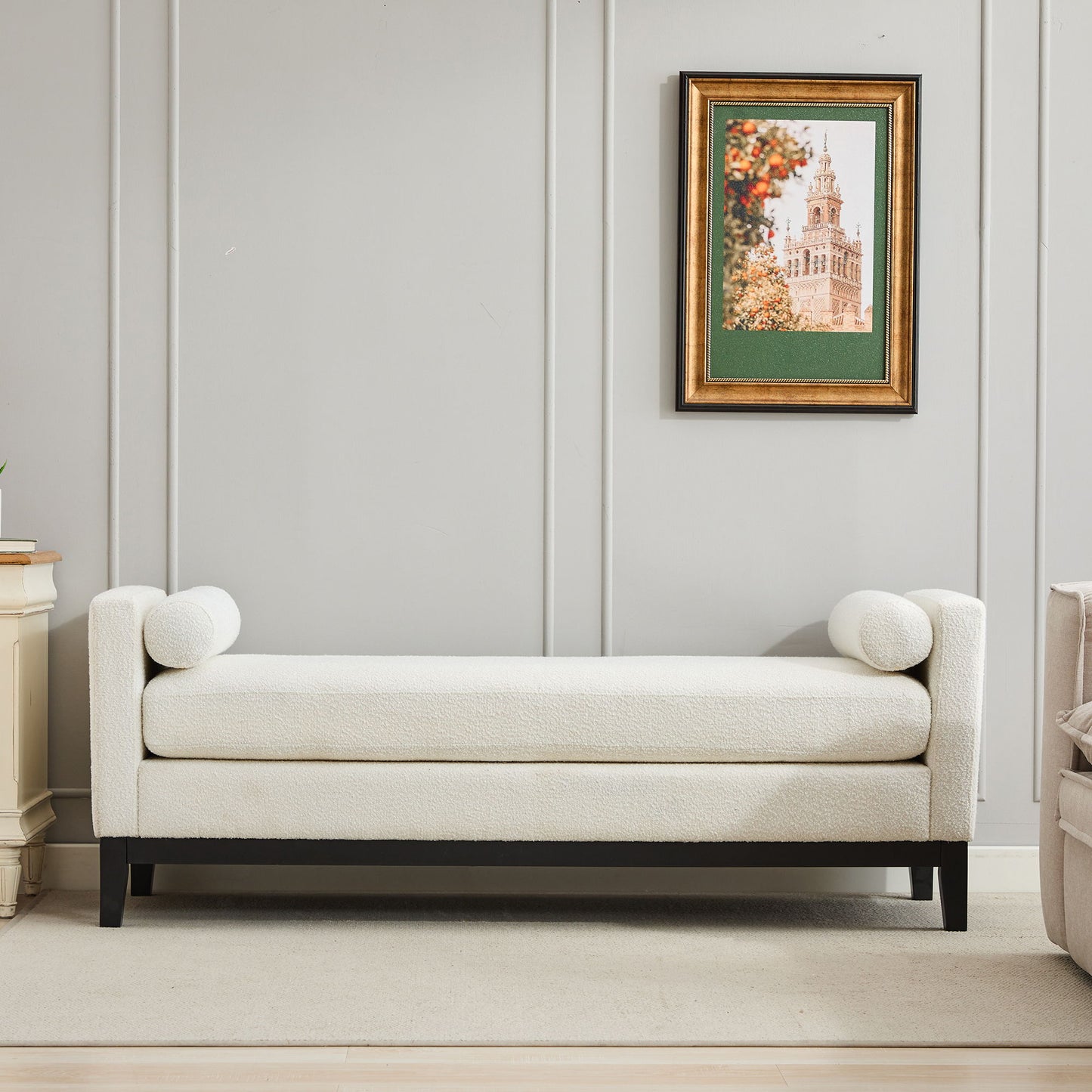 Elegant Upholstered Bench With 2 Bolster Pillows