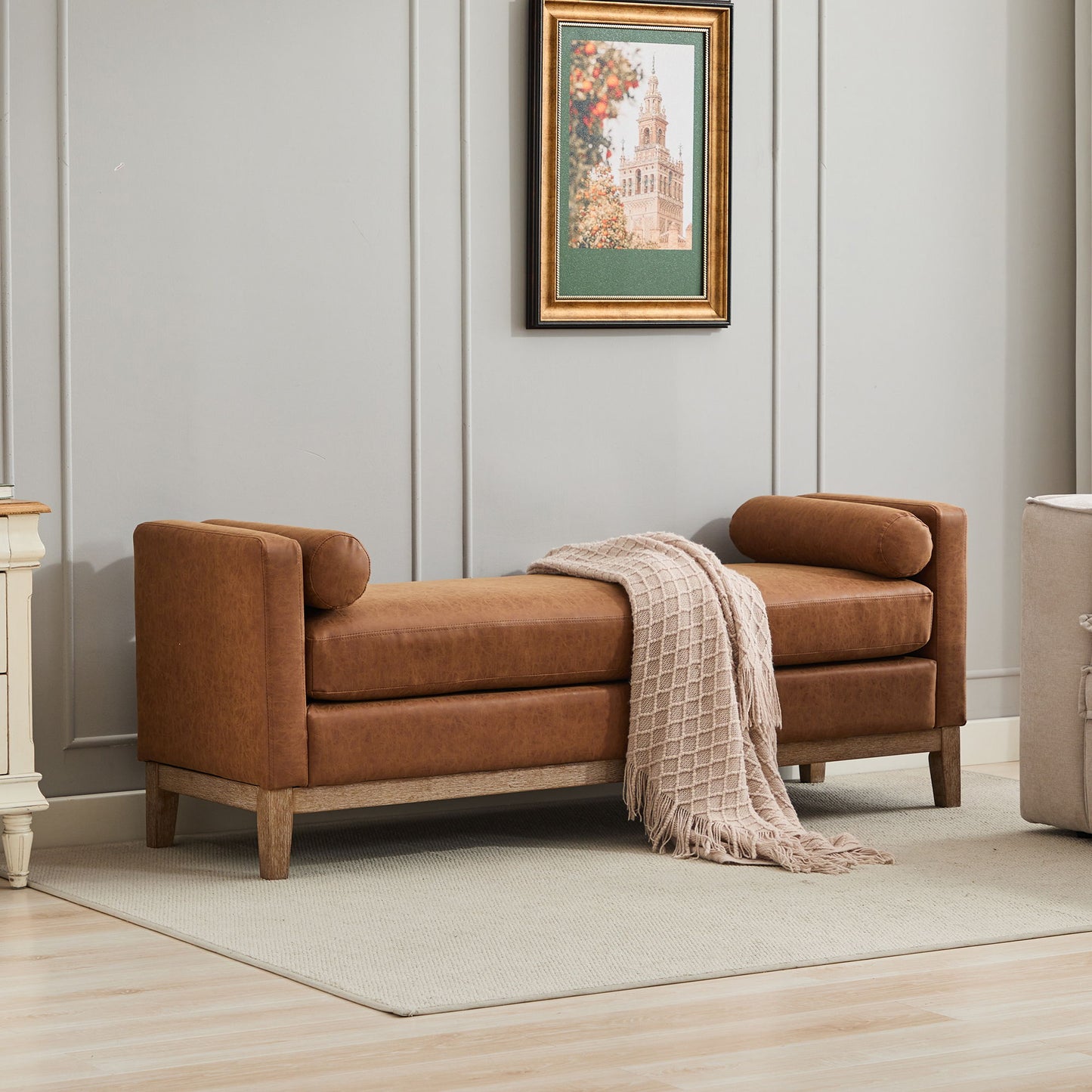 Elegant Upholstered Bench With 2 Bolster Pillows