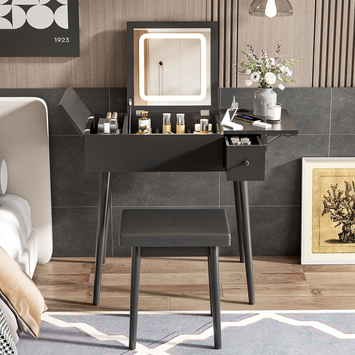 Makeup Vanity Desk With Flip Top Mirror And LED Light, Dressing Table With Charging Station, 2 Drawers And Fold Up Panel, Vanity Set With Cushioned Stool For Bedroom - Black