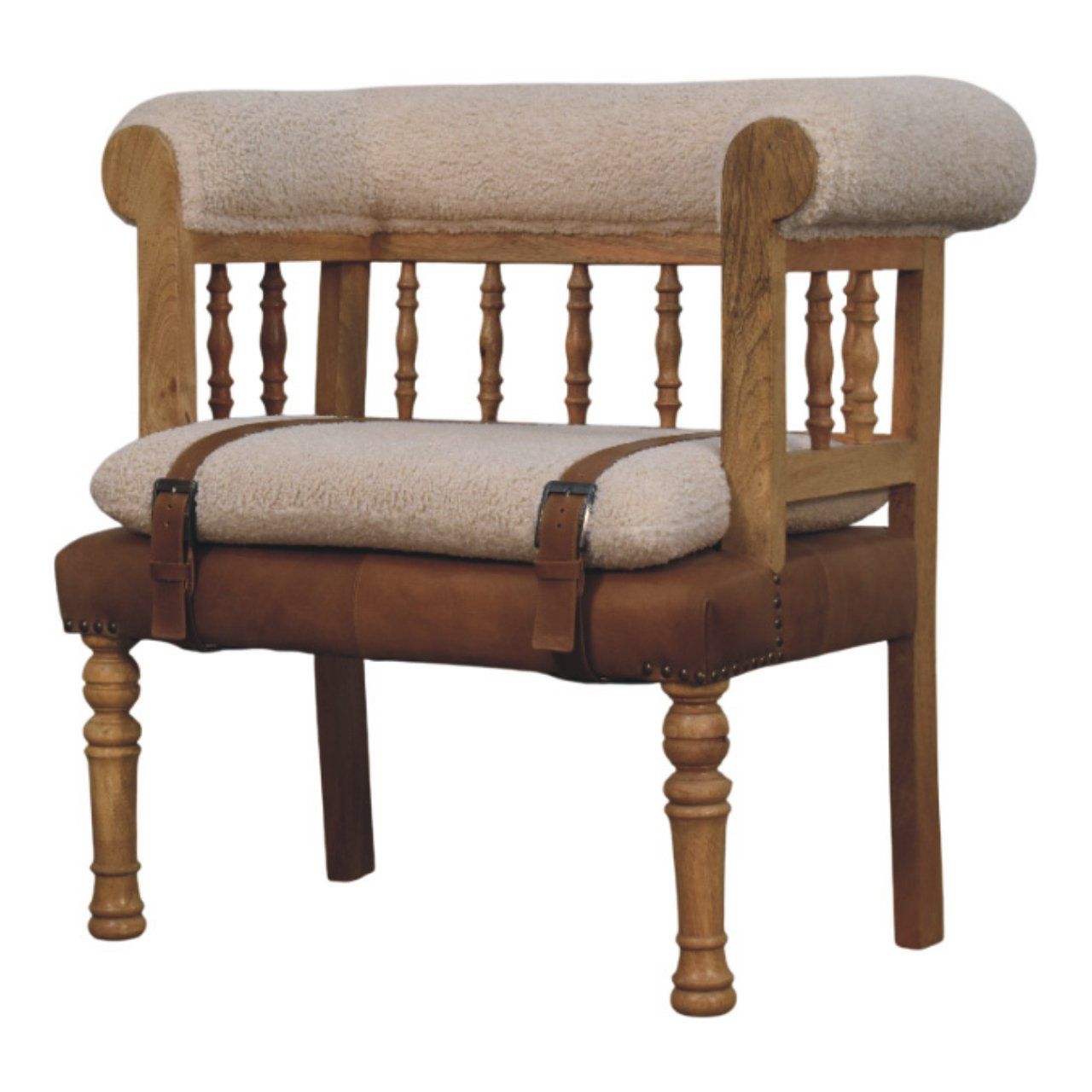 Strapped Hallway Boucle Bench - Beige / Brown