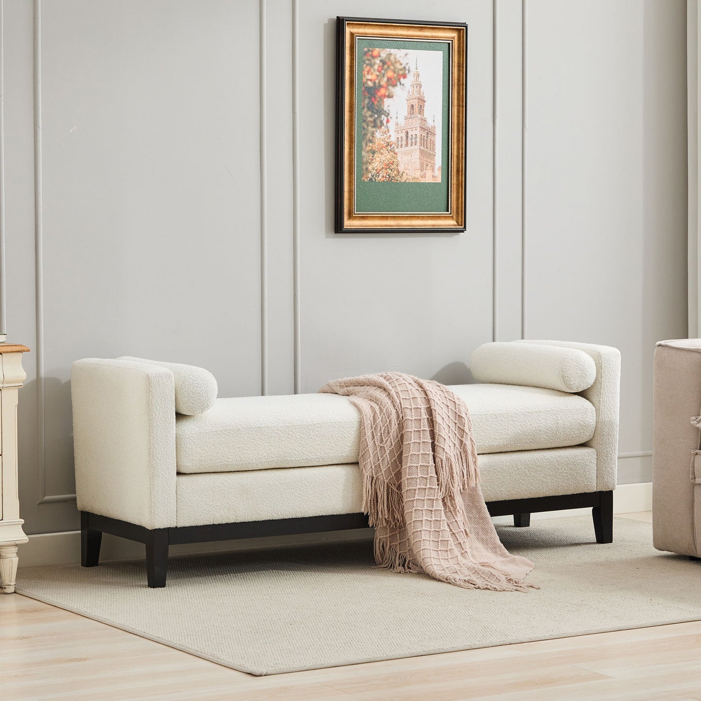 Elegant Upholstered Bench With 2 Bolster Pillows