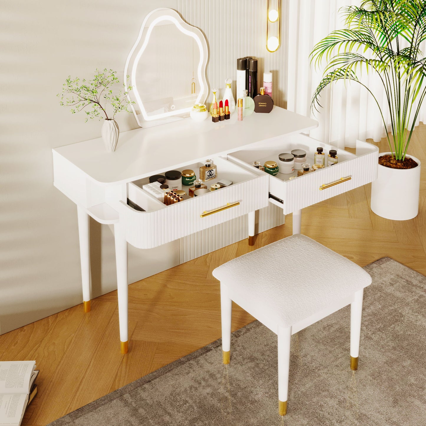 Modern Vanity Table Set With Mirror Touch Screen Lighted Mirror, Dressing Table And Cushioned Stool Set With 2 Large Drawers - White