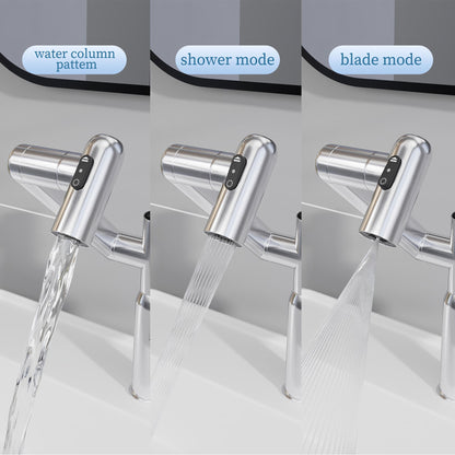 Bathroom Sink Faucet With Spray Function And Temperature Display, Anti Skid Switch, 360 Degree Rotary, Brass Material - Chrome