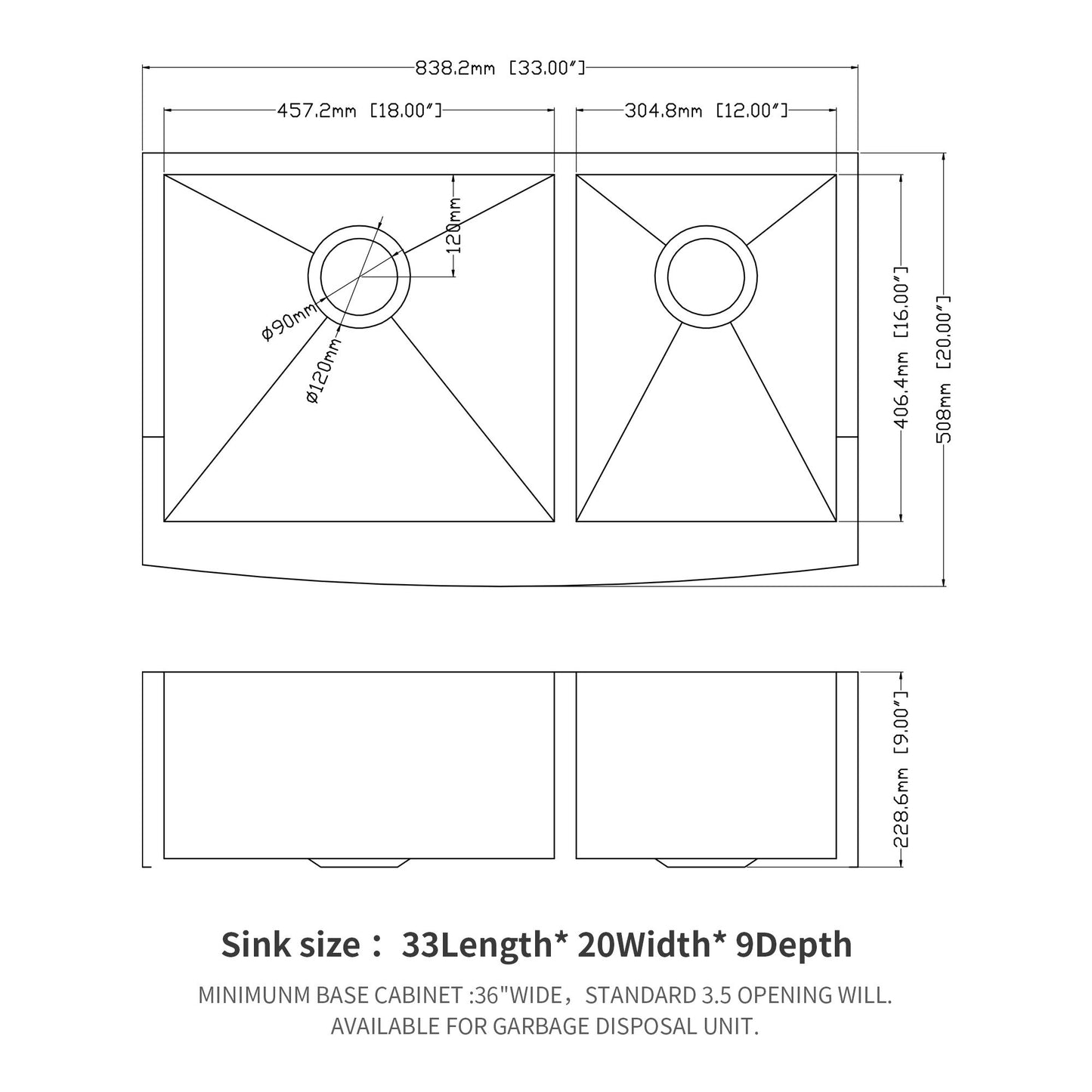 Double Bowl Farmhouse Sink Stainless Steel Undermount Apron Front With 2 9" Deep Basins - Gray
