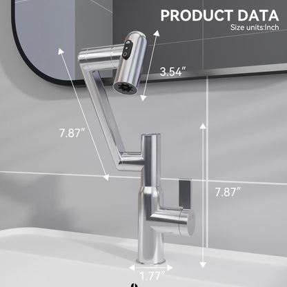 Bathroom Sink Faucet With Spray Function And Temperature Display, Anti Skid Switch, 360 Degree Rotary, Brass Material - Chrome