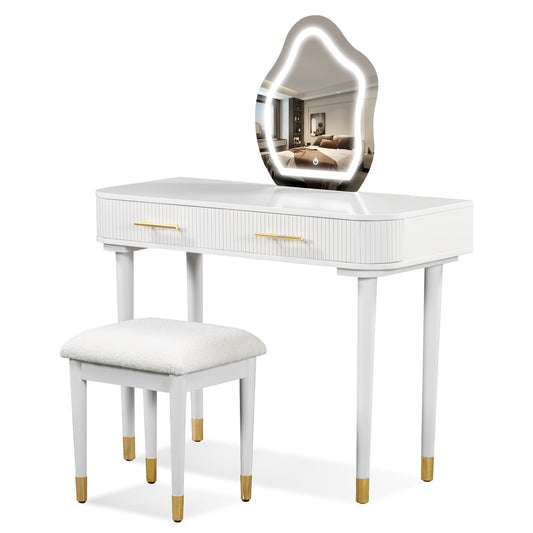 Modern Vanity Table Set With Mirror Touch Screen Lighted Mirror, Dressing Table And Cushioned Stool Set With 2 Large Drawers - White