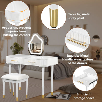 Modern Vanity Table Set With Mirror Touch Screen Lighted Mirror, Dressing Table And Cushioned Stool Set With 2 Large Drawers - White