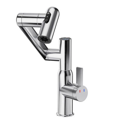 Bathroom Sink Faucet With Spray Function And Temperature Display, Anti Skid Switch, 360 Degree Rotary, Brass Material - Chrome