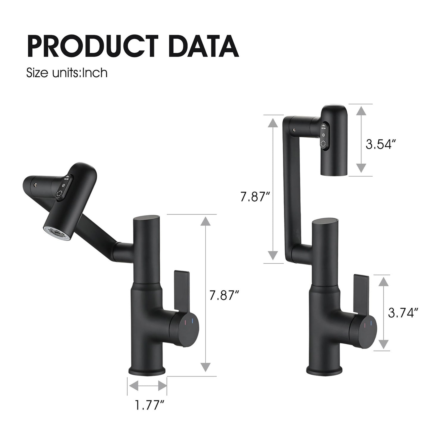 Modern Brass Bathroom Sink Faucet With Spray Function, Temperature Display & 360 Degree Rotary - Matte Black