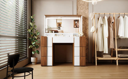 Elegant Vanity Table With Large Lighted Mirror & Power Outlet, Dressing Table With 7 Drawers & Shelves, Vanity Desk With Brown Solid Wood Style Stickers - Brown / White
