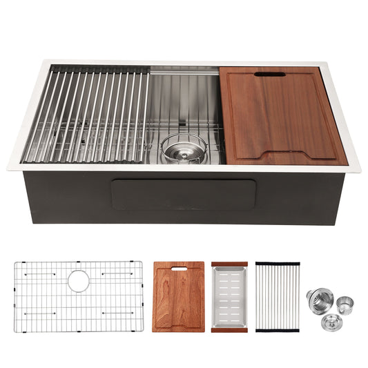Premium Single Bowl Undermount Workstation Kitchen Sink With Accessories, Finish, 16 Gauge Stainless Steel - Black