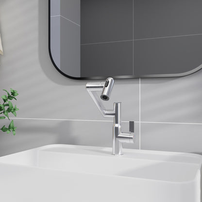 Bathroom Sink Faucet With Spray Function And Temperature Display, Anti Skid Switch, 360 Degree Rotary, Brass Material - Chrome