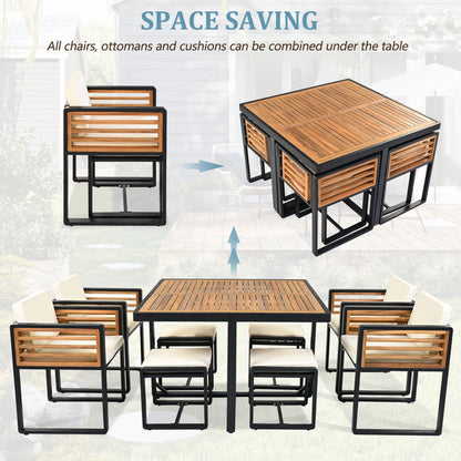 Acacia Wood Patio Dining Set, Cushioned Chairs & Ottomans Square Table